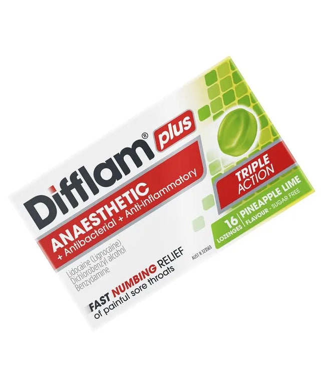 Difflam Plus Anaesthetic Sugar Free Pineapple & Lime 16 Lozenges