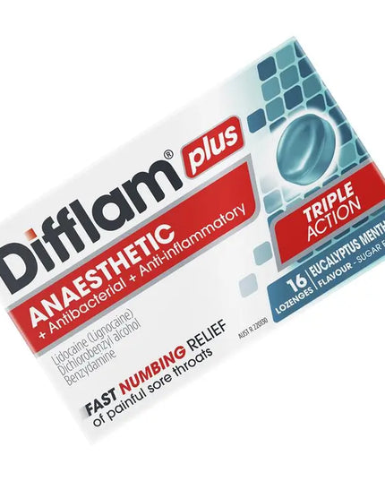 Difflam Plus Anaesthetic Sugar Free Eucalyptus Menthol 16 Lozenges
