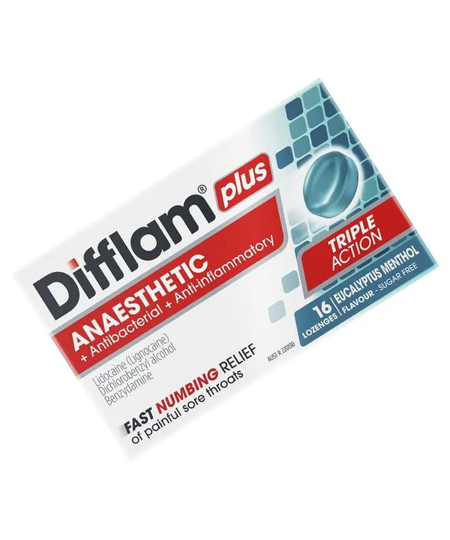 Difflam Plus Anaesthetic Sugar Free Eucalyptus Menthol 16 Lozenges