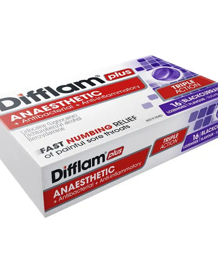 Difflam Plus Anaesthetic Sugar Free Blackcurrant 16 Lozenges