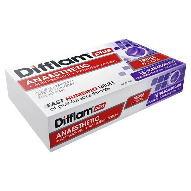 Difflam Plus Anaesthetic Sugar Free Blackcurrant 16 Lozenges