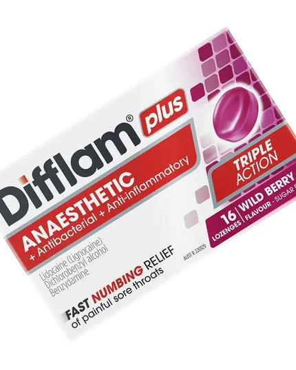 Difflam Plus Anaesthetic Sugar Free Wild Berry 16 Lozenges