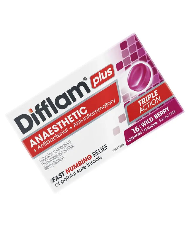 Difflam Plus Anaesthetic Sugar Free Wild Berry 16 Lozenges