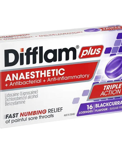 Difflam Plus Anaesthetic Sugar Free Blackcurrant 16 Lozenges