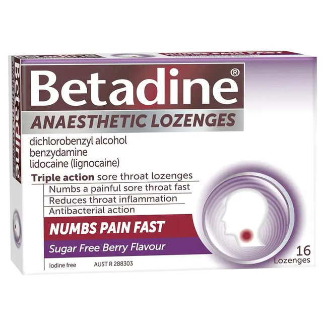 Betadine Sore Throat Lozenges Anaesthetic Berry Flavour 16 Pack
