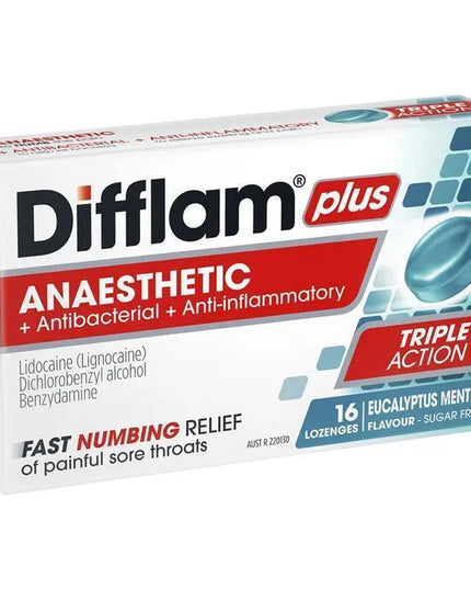 Difflam Plus Anaesthetic Sugar Free Eucalyptus Menthol 16 Lozenges