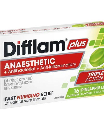 Difflam Plus Anaesthetic Sugar Free Pineapple & Lime 16 Lozenges