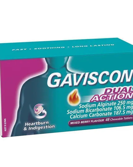 Gaviscon Dual Action Chewable Tablets Heartburn and Indigestion Relief Mixed Berry 48 Pack