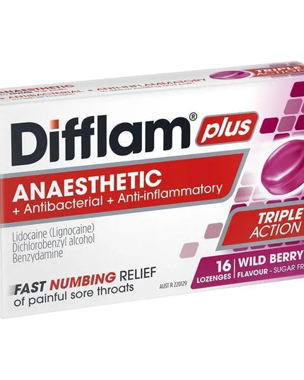 Difflam Plus Anaesthetic Sugar Free Wild Berry 16 Lozenges