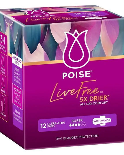 Poise LiveFree Incontinence Pads Super with Wings 12 Pack